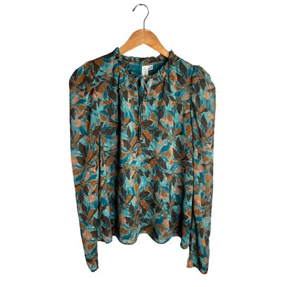 Joie Fall Leaves Blouse Long Sleeve Green Swiss Dots Size Medium Lined Foliage - Picture 1 of 9